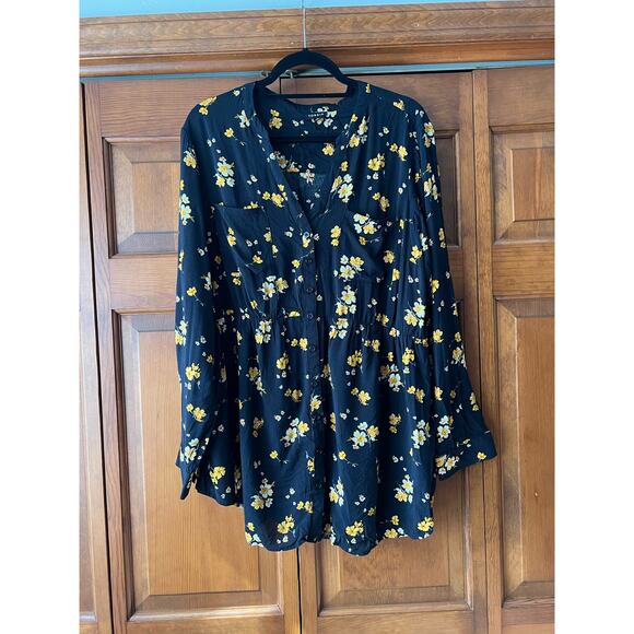 Torrid Women's Button Front Floral Babydoll Tunic Top Yellow Black Size 2 - Picture 3 of 11